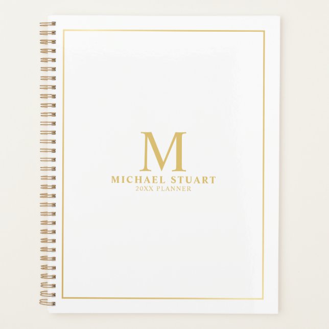 White with Gold Personalised Monogram and Name Planner (Front)