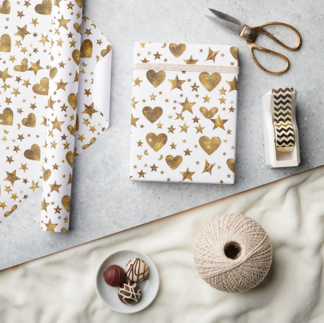 White With Gold Sparkle Hearts Wrapping Paper (Crafts)