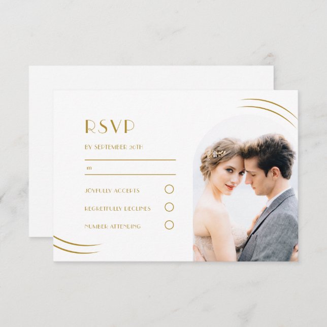 White with Golden Wisps Photo Wedding RSVP Card (Front/Back)