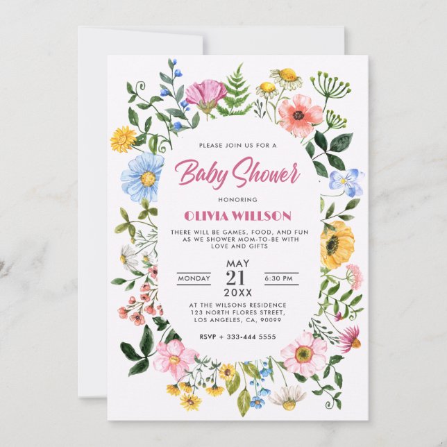 White With Green Floral Frame baby Shower Invitation (Front)