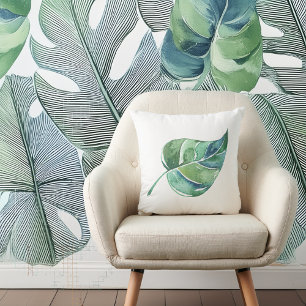 White with Green Leaf Design Throw Pillow