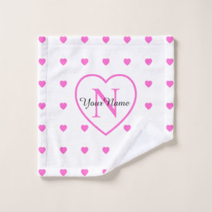 White With Pink Hearts & Large Monogrammed Heart Wash Cloth