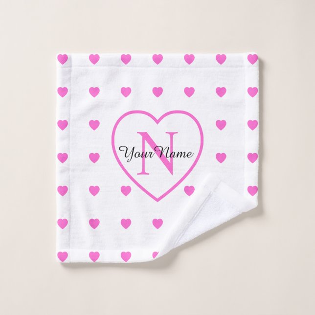 White With Pink Hearts & Large Monogrammed Heart Wash Cloth (Wash Cloth)