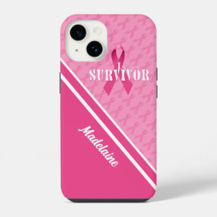 White with Pink Ribbon Cancer Survivor iPhone 14 Case