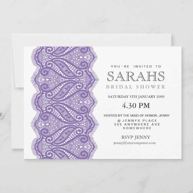White with Purple Lace Bridal Shower Party Invite (Front)