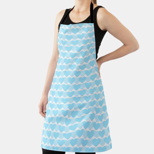 WHITE WITH SHADES OF AQUA BLUE ROWS OF HEARTS APRON (Insitu)
