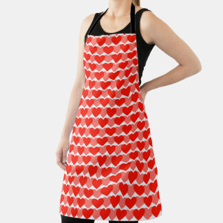 WHITE WITH SHADES OF RED ROWS OF HEARTS APRON