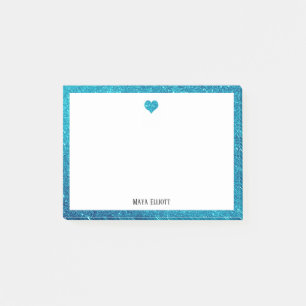 White with Teal Glitter Heart & Border w/ Name Post-it Notes