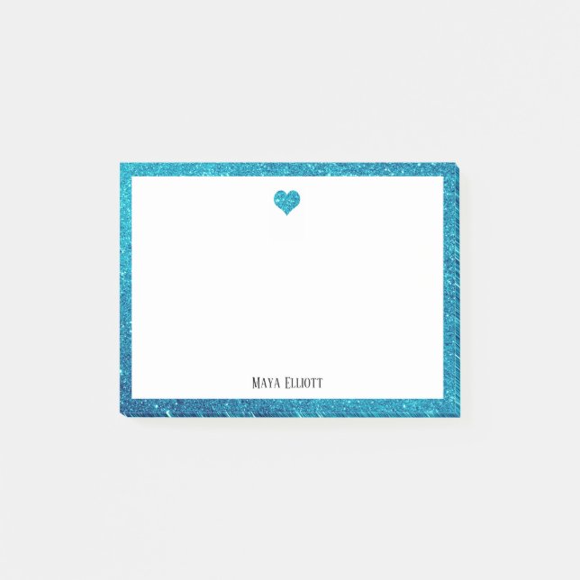 White with Teal Glitter Heart & Border w/ Name Post-it Notes (Front)