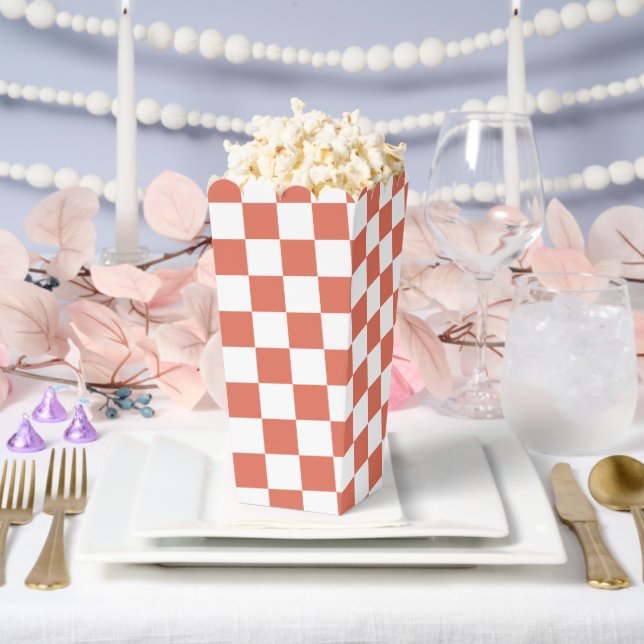 White with Terracotta Square Pattern Style Popcorn Favour Box (Wedding)