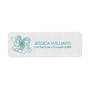 White With Turquoise Cute Octopus Label