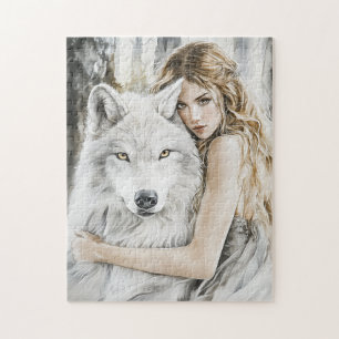 White Wolf and Girl Jigsaw Puzzle
