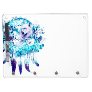 White Wolf Dreamcatcher Purple Blue Floral Dry Erase Board With Key Ring Holder