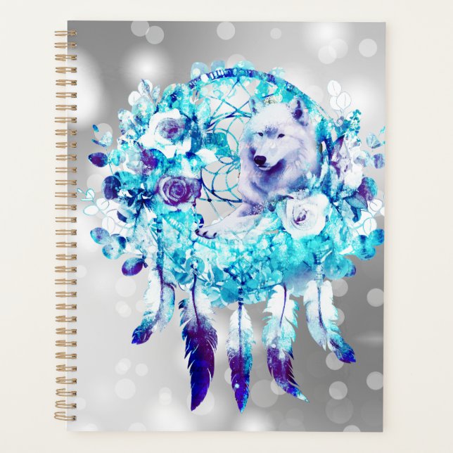 White Wolf Dreamcatcher Purple Blue Floral Planner (Front)