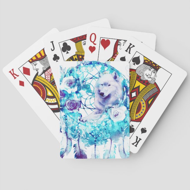 White Wolf Dreamcatcher Purple Blue Floral Playing Cards (Back)