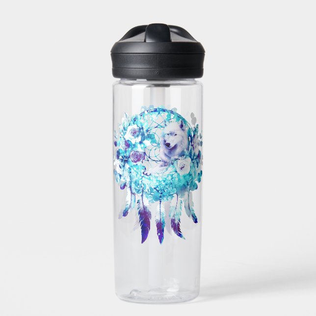 White Wolf Dreamcatcher Purple Blue Floral Water Bottle (Front)
