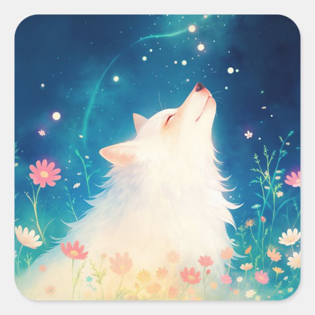 White Wolf Gazing at Magical Celestial Trail Square Sticker (Front)