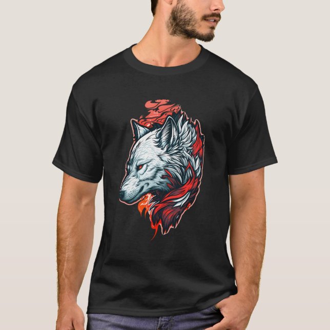 White Wolf Head And Red Colour Painting Wolf Lover T-Shirt (Front)