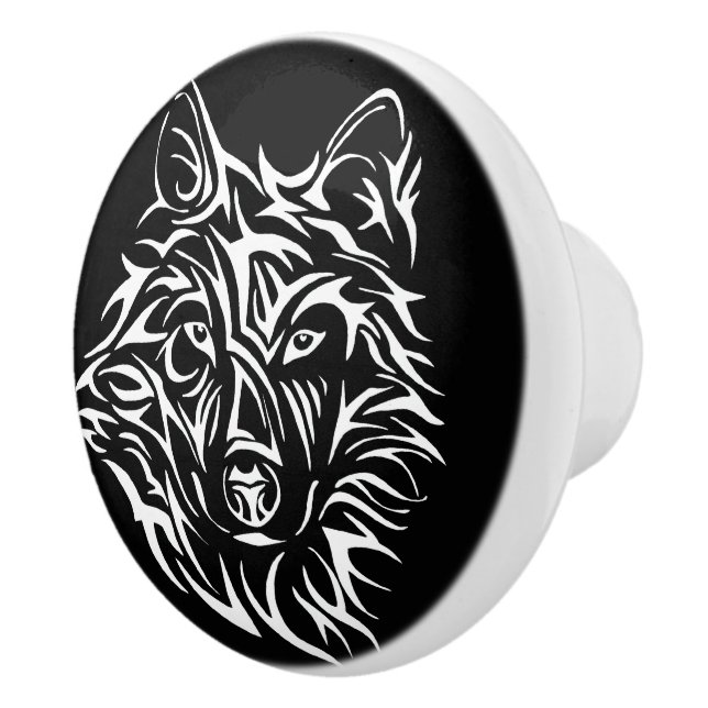 White Wolf Head on Black  Ceramic Knob (Right)