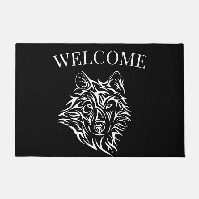 White Wolf Head on Black  Doormat (Front)