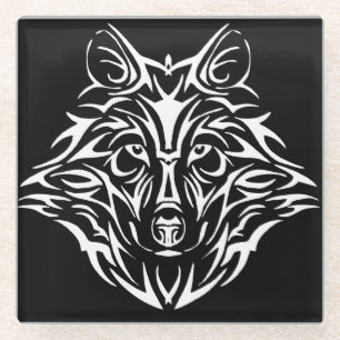 White Wolf Head on Black Glass Coaster
