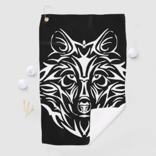 White Wolf Head on Black Golf Towel