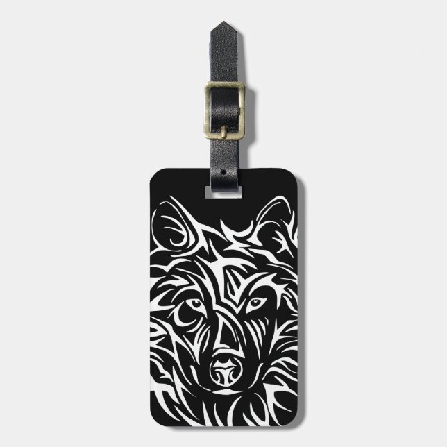 White Wolf Head on Black  Luggage Tag (Front Vertical)