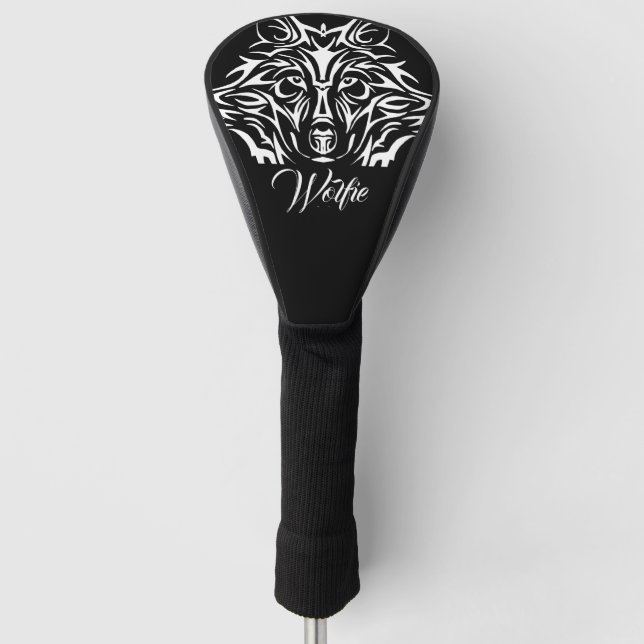 White Wolf Head on Black Monogram or Name Golf Head Cover (Front)