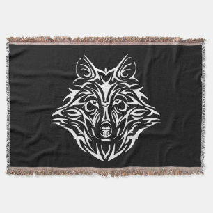 White Wolf Head on Black Throw Blanket