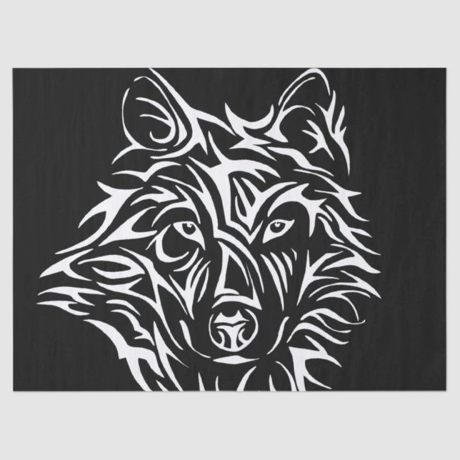 White Wolf Head on Black  Tissue Paper (Front)
