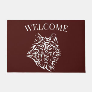 White Wolf Head on Blood Red Doormat