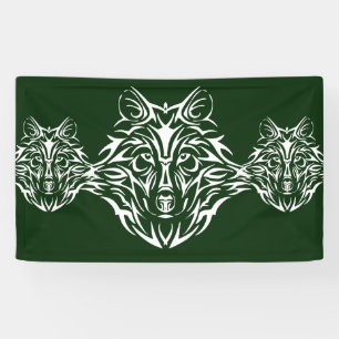White Wolf Head on Green Banner