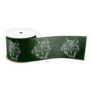 White Wolf Head on Green Satin Ribbon