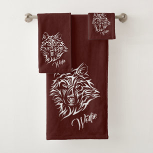 White Wolf Head on Red Personal Bath Towel Set
