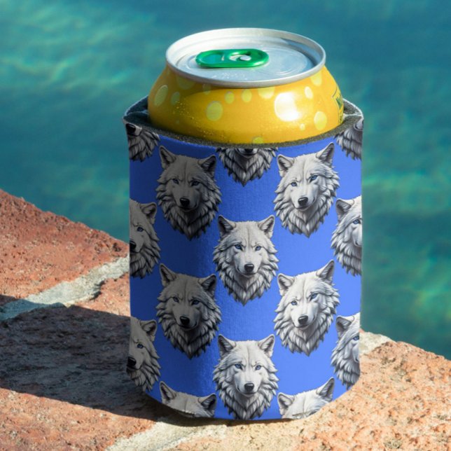 White Wolf Head Pattern Design Blue  Can Cooler (Creator Uploaded)
