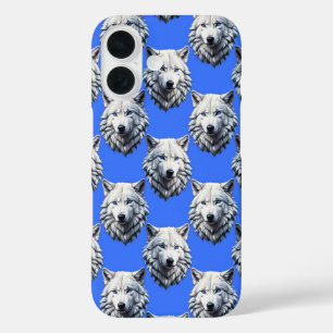 White Wolf Head Pattern Design Blue iPhone 16 Case