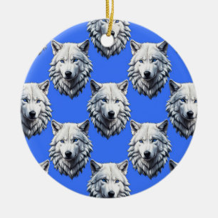 White Wolf Head Pattern Design Blue Ceramic Tree Decoration