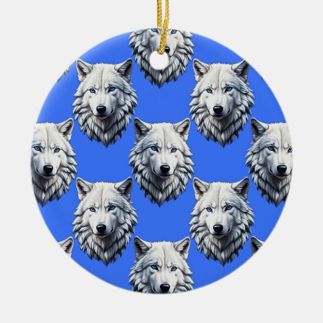 White Wolf Head Pattern Design Blue  Ceramic Tree Decoration (Front)