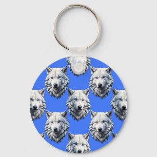 White Wolf Head Pattern Design Blue Key Ring