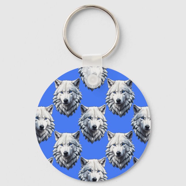 White Wolf Head Pattern Design Blue  Key Ring (Front)