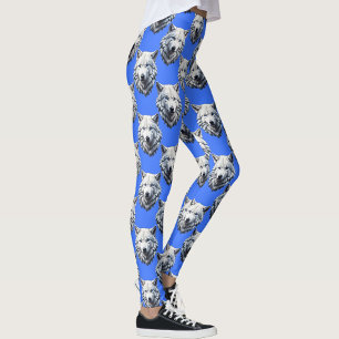 White Wolf Head Pattern Design Blue  Leggings