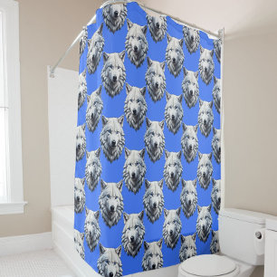 White Wolf Head Pattern Design Blue  Shower Curtain