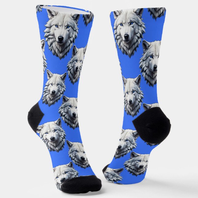 White Wolf Head Pattern Design Blue  Socks (Creator Uploaded)