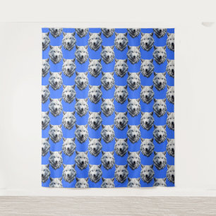 White Wolf Head Pattern Design Blue Tapestry