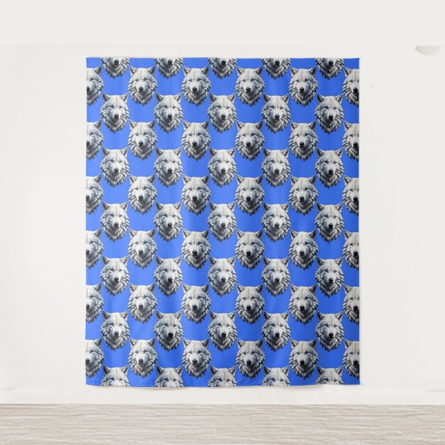 White Wolf Head Pattern Design Blue  Tapestry (Front)