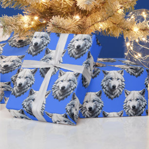 White Wolf Head Pattern Design Blue Wrapping Paper
