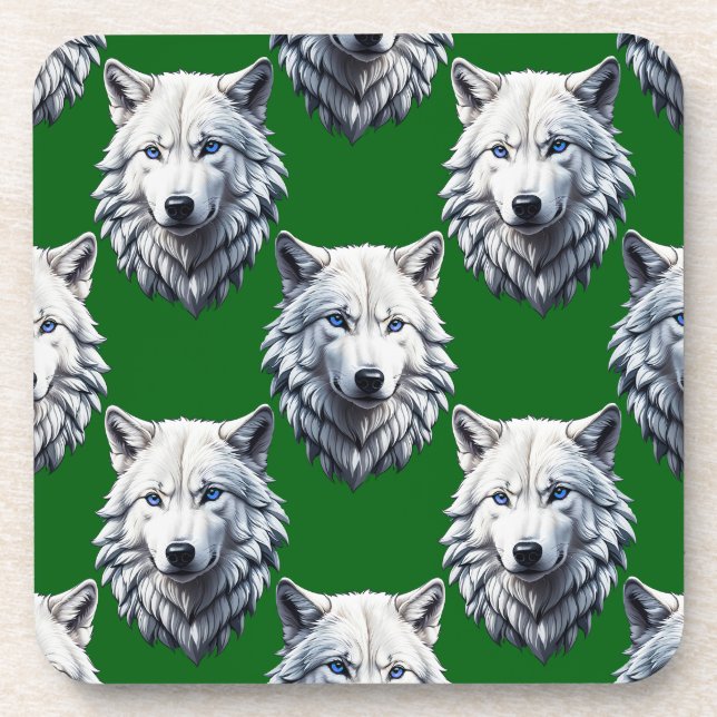 White Wolf Head Pattern Design Green  Coaster (Front)