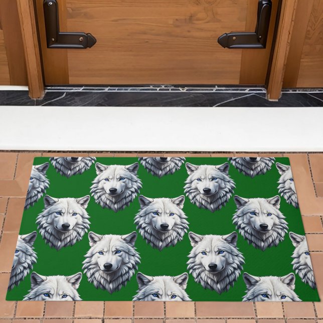 White Wolf Head Pattern Design Green  Doormat (Creator Uploaded)