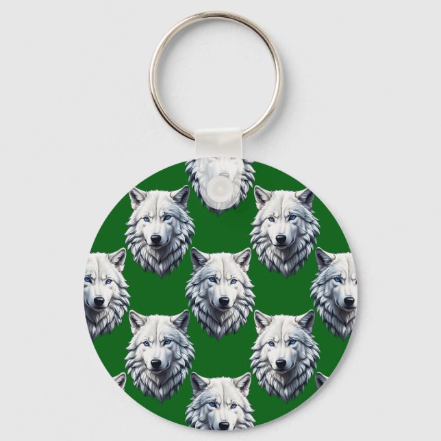 White Wolf Head Pattern Design Green  Key Ring (Front)