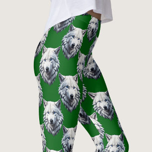 White Wolf Head Pattern Design Green Leggings